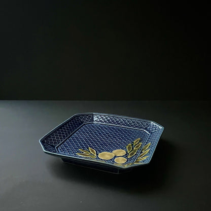 瑠璃釉柚木文角皿