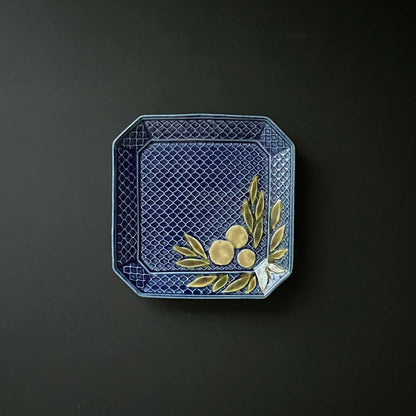 瑠璃釉柚木文角皿